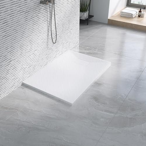 Duschwanne 100x70 cm ebenerdig Steinoptik Anti-Rutsch Zuschneidbar weiß ohne Siphon und Ablaufgarnitur