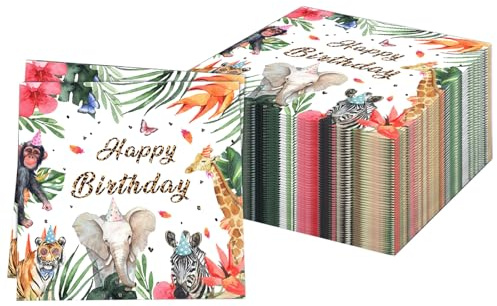 60Pcs Dschungel Geburtstag Party mit Tiermotiven Servietten,Sommer Papierservietten Paper Napkins Blätter Waldtiere Wegwerfservietten Bedruckte Papiertaschentücher Partyzubehör Tischdekoration,33x33cm