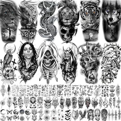 66 Blätter Schwarz Drache Adler Halloween Temporäre Tattoos Herren Männer Frauen Damen, Vampir Tiger Löwe Gruselig Teufel Totenkopf Fake Tattoos, 3D Wolf Große Halbarm Klebetattoos Erwachsene Unterarm