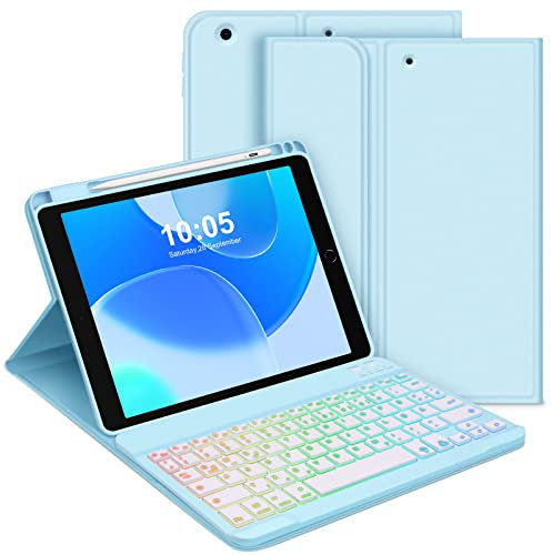 Bettdow für iPad 9.Gen 2021/8.Gen 2020/7.Gen 2019 Tastatur Hülle, Deutsch QWERTZ Layout Magnetisch Abnehmbarer Beleuchtete Tastatur, Hülle mit Stifthalter für iPad 10.2 Zoll 2019-2021, Blu