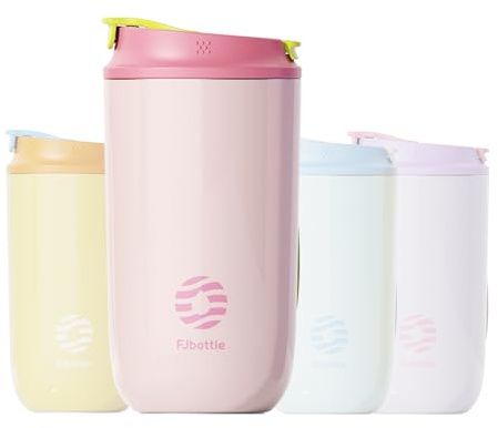 Rumiiro 450 ml Thermobecher mit Strohhalm, doppelwandig isolierter Edelstahl-Kaffeebecher to go mit Deckel, Tragegriff und 2 Trinköffnungen, Reisebecher für heiße und kalte Getränke ROSA