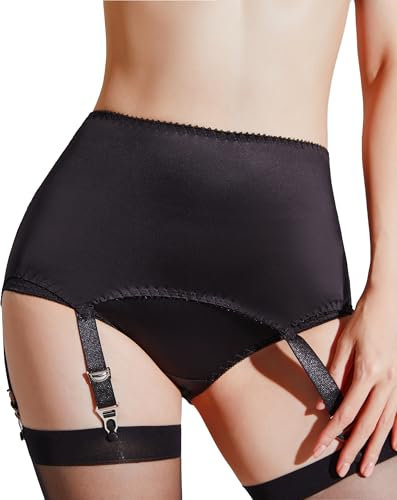 Luxallacki Reggicalze con 6 cinghie di ispirazione vintage con chiusure in metallo, raso liscio e pizzo floreale elegante reggicalze UK, Nero , 3XL