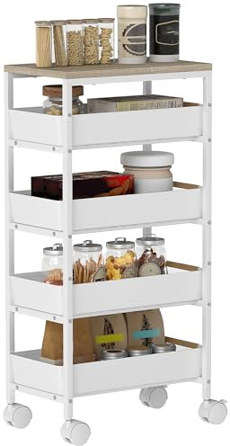HOMCOM 5-Tier Storage Trolley on Wheels, Rolling Utility Cart with 4 Pull-Out Drawers, Mobile Kitchen Storage Rack for Living Room, Kitchen, Dining Room, Bedroom, Bathroom, White
