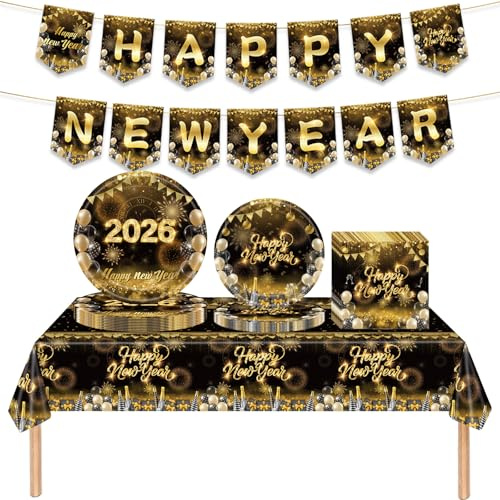 Silvester Deko 2026, 42 teilige Silvester Partygeschirr Set, Einwegteller, Servietten, Tischdecke und Banner, Einweggeschirr geeignet für die Silvesterparty deko (Schwarzes Gold)