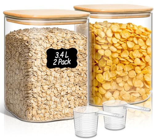 ComSaf Glasbehälter Vorratsgläser mit Deckel Eckig für Mehl 3,4 L, 2er Set | Vorratsdosen, Mehl, Reis, Cornflakes, Nudeln, Familienvorrat, Speisekammer und Vorratsschrank