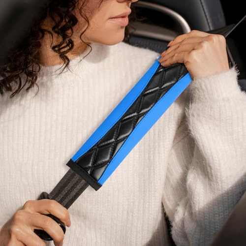 2 Stück Auto Gurt Polster, Weiches Leder-Schulterpolster für Autosicherheitsgurte, Atmungsaktive Sicherheitsgurtprotektoren für Kinder und Erwachsene, Kompatibel mit alle Fahrzeuge (Blau)