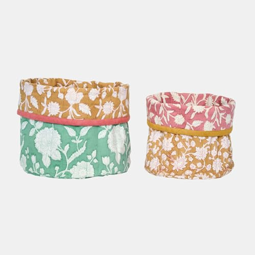 Loberon Korb 2er Set Fleuronnes - Floraler Print - für Lebensmittel Geeignet - Zwei Größen - Leicht Wattiert - Brotkorb - Baumwolle, bunt