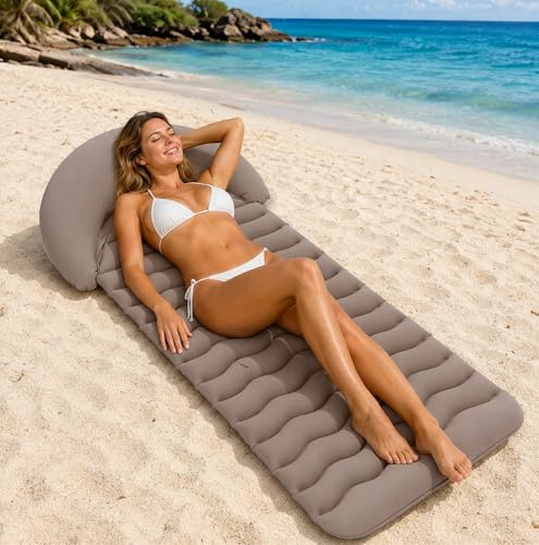Tapis de Plage Gonflable avec Oreiller, 178 x 76 cm Matelas Gonflable en PVC Floqué pour Plage, Piscine, Camping, Jardin et Maison, Utilisation sur Terre et Eau, jusqu'à 200 kg