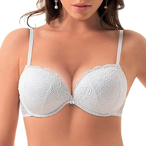 LORMAR Reggiseno Balconcino Double Pizzo Coppe Super Push UP 2 Taglie in più (2, Bianco)