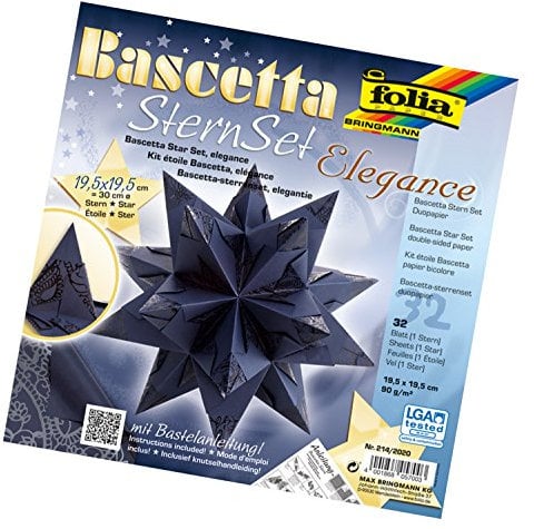 folia 214/2020 - Bastelset Bascetta Stern Elegance, Indian Dream blau, 32 Blatt, 19,5 x 19,5 cm, fertige Größe des Papiersterns ca. 30 cm, mit ausführlicher Anleitung - ideal zur zeitlosen Dekoration