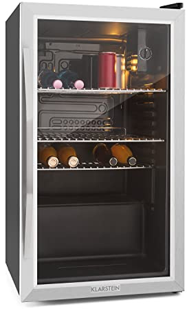 KLARSTEIN Mini Frigo da Camera per Birra, Frigo Portatile, Frigo Piccolo da Ufficio con Porta in Vetro, Mini Frigo Bar con Ripiani Rimovibili, 3-10°C, 80L