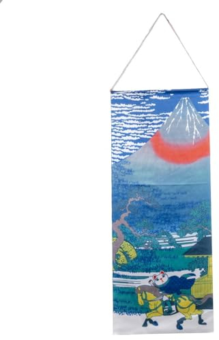 lachineuse - Panneau Mural Mont Fuji Maneki Neko - Décoration Japonaise à Suspendre - 80 x 32 cm - Tableau Japonais Traditionnel Estampe - Coloris Bleu - Idée Cadeau Japon Asie
