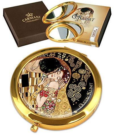 CARMANI - Gold überzogene Bronze Tasche, kompakte, Reisen, Spiegel mit Klimt 'Der Kuss' Malerei verziert