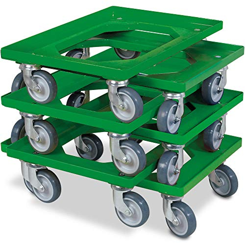 80x Transportroller für 600x400 mm Eurobehälter, grün, 4 Lenkrollen, graue Gummiräder