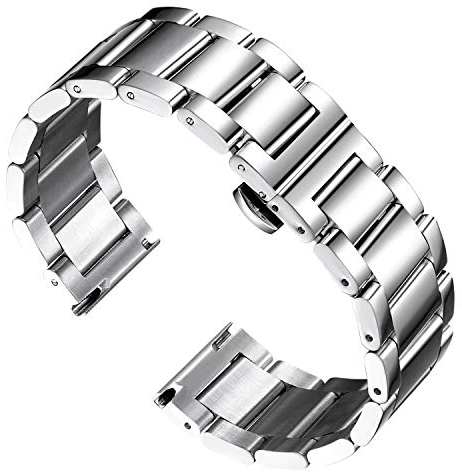 BINLUN Bracelet de Montre en Acier Inoxydable Épais Bracelets de Montre en Métal Lourd Fini Brossé Mat Poli Bracelet Montre de Remplacement pour Hommes Femmes (Argent Poli,22mm)