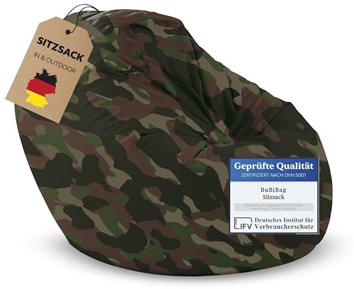 BuBiBag 2in1 Sitzsack L - XXL mit Füllung für Kinder & Erwachsene, Gaming Beanbag & Bodenkissen für Indoor & Outdoor Sessel Pflegeleicht & Wasserabweisend M BIS 6 Jahre (Ø 85 cm Camouflage)