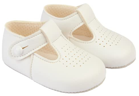 EARLY DAYS Baypods: Soft Soled Pre Walker Shoes for Boys & Girls, B625 T Bar Style With Hole Punch, Faux Leather, Made in England, White, 3 UK Child