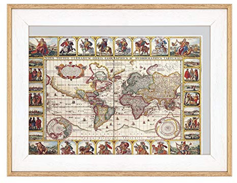 Poster e Stampa con Cornice Moderna - Antica Mappa del Mondo (457) - 30x42cm - Moderna con Battuta Legno Naturale e Bianco