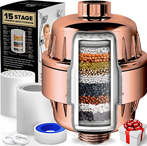 AquaHomeGroup Duschfilter, 15-stufig, mit Vitamin C, für hartes Wasser – hochleistungs-Duschwasserfilter gegen Chlor und Fluorid – mit 2 Kartuschen – konsistenter Wasserdurchfluss