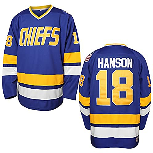 villa Hanson Brothers Hockeytrikot 16 Charlestown Chiefs 17 Jeff Slap Shot 18 Movie Hockeytrikot Blau Weiß S-3XL (16 Blau, Groß), Blau, L