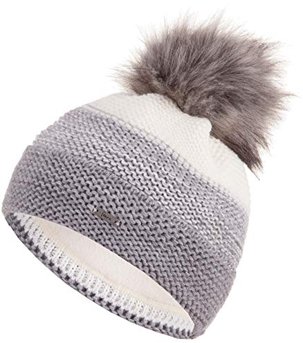 Faera Mütze Damen Wintermütze warm gefüttert mit Fleecefutter Kunstfell Bommelmütze Winter Herbst Bommel Strickmütze Beanie 60, Farbe:Grau