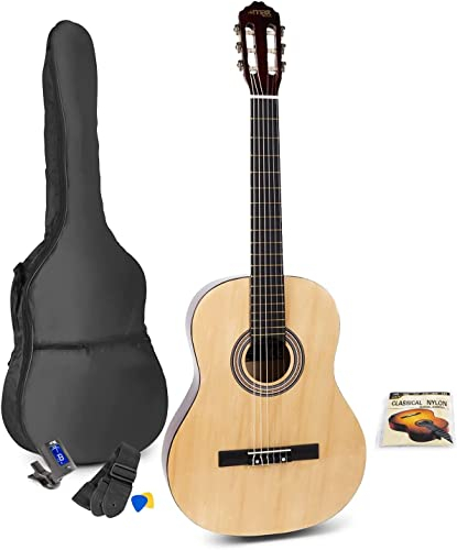 MAX SoloArt Guitarra clasica con cuerdas de nailon para Principiantes Adultos - guitarra flamenca con Funda, Afinador, Púa, Correa y Accesorios - Guitarra Española 4/4 en Madera Natural