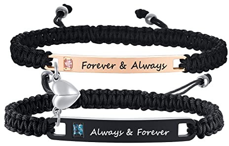 PJ JEWELLERY Him and Her Magnetic Couple Bracelets | Always & Forever Engraved Love Quote Mutual Attraction Nameplate Braided ID Set, for Lover Boyfriend Girlfriend (P-CB-065BR01-COUPLE-5-uk)