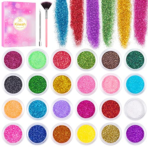 24 Colores Purpurinas Polvo, Polvos para Uñas, Brillos de Uñas, Glitter Acrilico Brillante Manualidades Purpurina con Pinceles de Uñas para Cara Nail Art Cabello Cuerpo Decoración