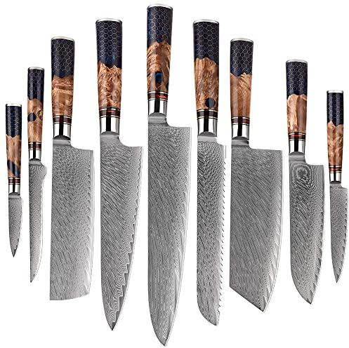 Muxel Damast Küchenmesser Set 9-TLG Extrem scharfe extrem schöne Kochmesser so individuell wie Deine Rezepte und Gerichte Damast VG10 Stahl 67 Lagen (9 Messer)