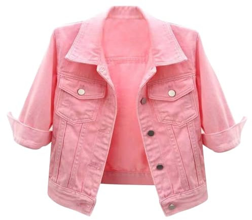 Freebily Jeans Femmes Veste Jeans Denim Veste Vetements D'Exterieur Boutonnée Courte Motard Blouson Moto Vintage Décontractées Rose 3XL