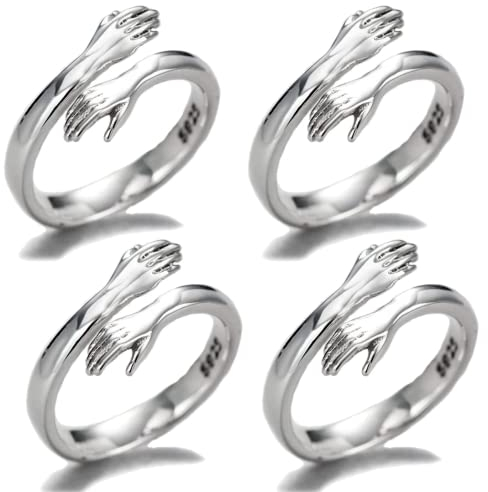 4PCS Paar Umarmende Hände Sterling Silber Verstellbarer Ringe,Verstellbarer Paar Umarmungsring,Öffnung Einstellbar Finger Ringe,Umarmender Ringe,Romantischer Love Hugging Valentinstagsgeschenk Ringe