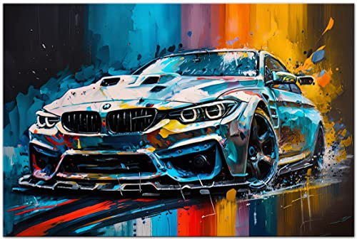 Printonia Leinwandbild 120x80 cm BMW M4 M3 Sportwagen Wandbild Automobil Bilder Dekoration Pop Art Auto Büro Deko Kunstdruck
