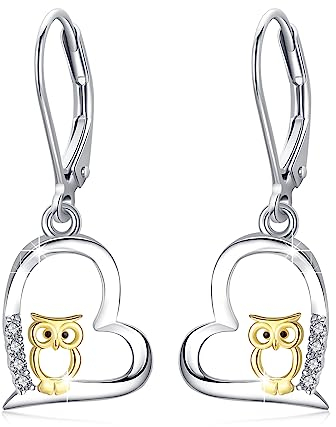 Eulen Ohrringe 925 Sterling Silber Herz Hängend Tropfen Ohrringe Eulen Schmuck Geschenk Hypoallergener für Mädchen Damen Ehefrau Mutter Frauen Kinder Valentinstag