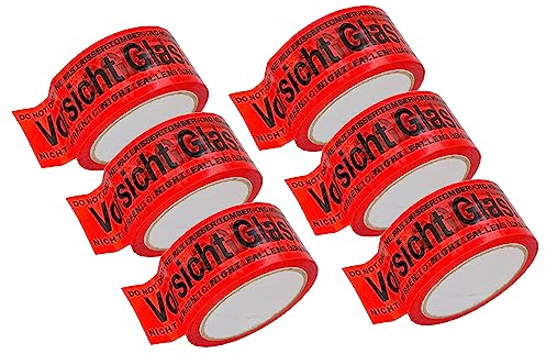 BIGtec 12 Rollen Paketklebeband Vorsicht Glas leise Klebeband Packband Paketband Verpackungsband Kartonband Standard 66m lang 48mm breit rot Verpackungsmaterial Paket Karton