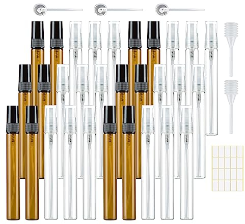 30 atomizadores de perfume vacíos de 10 ml, botella pulverizadora de cristal pequeña para rellenar, mini bolsas de perfume, rellenables, muestras de perfume para viajes, ámbar transparente con es**