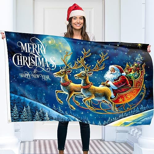 Drapeau de Noël 1,5 x 0,9 m avec œillets – Bannière de Noël Père Noël – Impression numérique vive – Polyester épais 110Den – Double couture