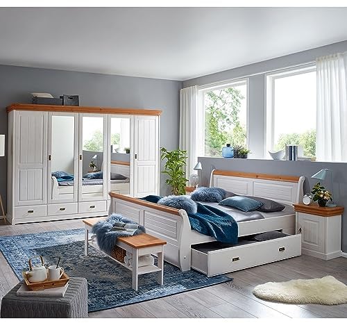 Lomadox Schlafzimmer komplett Set Doppelbett Bettschubkasten Nachkommode Kleiderschrank Bettbank SAVONA-69 in Kiefer massiv weiß mit Honig