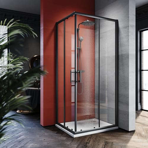 SONNI Schwarz Duschtür 80x100cm Eckeinstieg Duschkabine ohne duschtasse, Sicherheitsglas Schiebetür Eckdusche Duschabtrennung