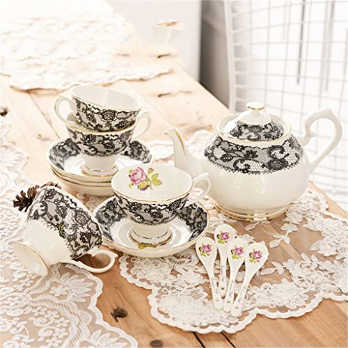 BAWHO Exquisite Tasse Schwarz Spitze Muster Vintage Keramik Kaffeetasse Teekanne Set Turm Nachmittags Tee Utensilien/Weiß/Wie Shows