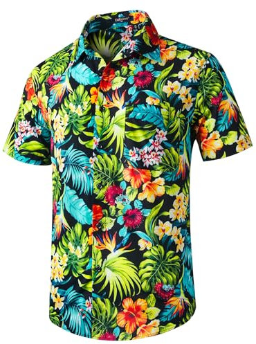 Enlision Men Funky Hawaiian Shirts Short Sleeve Casual Button Down Front Pocket Summer Aloha Party Shirt Floral Beach Palm Tree Print Hawaii Shirt Unisex Bright Green L