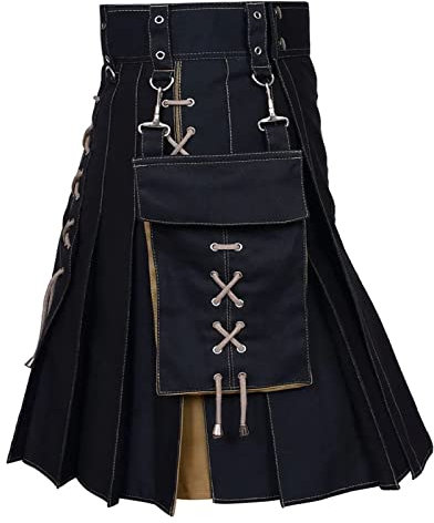 Mittelalter Kleidung Herren: Schottisch Männer mit Tasche Kilt Trachten Rock Cosplay Schwarz Mittelalter Cargorock Herrenrock Steampunk Rock Retro Gothic Karneval Faltenrock Schottenrock