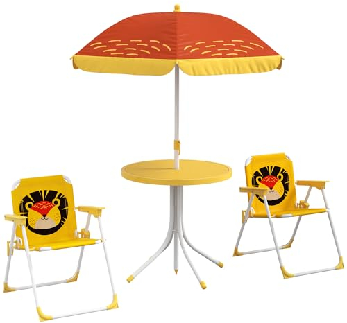 Outsunny Conjunto de Mesa y Sillas para Exterior Infantil Set de 2 Sillas Plegables y Mesa para Niños Mesa con Sombrilla Ajustable en Altura Temática de León para Jardín Patio Amarillo y Marrón
