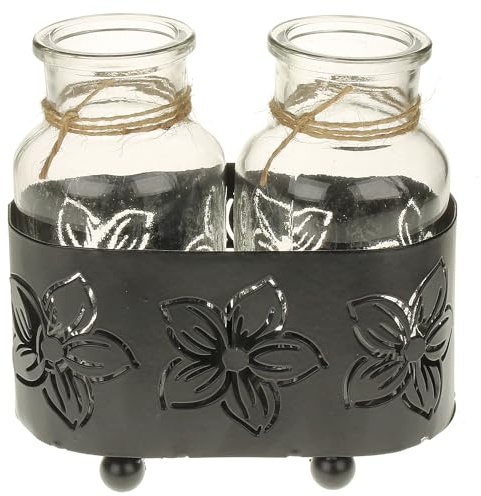MACOSA HE68653 2 Glasvasen im Metallständer Schwarz Dekovasen Metall Vasen Glas Blumenvasen im Dekokorb Tischdekoration Tischvasen Vasenkörbchen Vasenständer (13,5 x 7,5 x 14 cm)