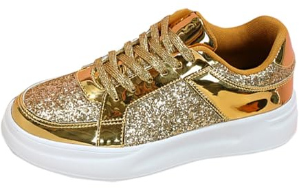 Womens Glitter Trainers Ladies Sparkly Trainers Bling Lace Up Sneakers Teens Shiny Sequin Shoes for Wedding Bride Party Dancing Dressy