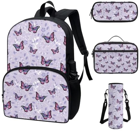 COEQINE Purple Butterfly Backpack Set 4 Pieces Insulation Lunch Box And Pencil Case Portable Water Bottle Pockets