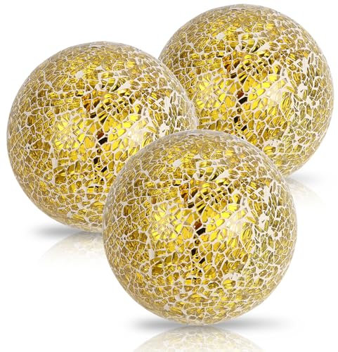 Hiziwimi 3Pcs Decorative Ball for Bowls, 10cm/4 inch Mosaic Glass Centerpiece Decoration Balls Mirror Glass Ball Fillers for Home Decor Dining Tables Wedding Party (Gloden)