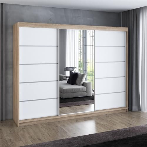 A&J MöbelLand Schwebetürenschrank VILANO 1, 3-türig Schrank 200 cm Kleiderschrank mit 4 Schubladen, und Spiegel (Weiß, Schwarz, Somona) (Sonoma/weiß/weiß)