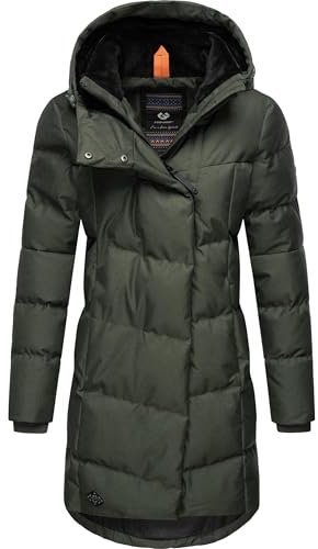 Ragwear Damen Wintermantel Warmer Steppmantel lang mit Kapuze Pavla Intl Dark Olive24 Gr. XS