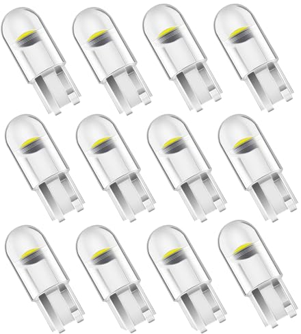 12 Pcs LED Bulbs, Car Bulbs Sidelight Light T10 12V W5W COB LED Bulb Dome Map Door Side Light, Interior Number Plate Capless Side Lights Replacement Cool Bulbs for Trunk Tail Light Bulbs (White)