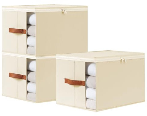 DIMJ Aufbewahrungsbox mit Deckel Boxen Aufbewahrung - Unterbett Aufbewahrungsbox Stoff, Faltbox mit Griff Aufbewahrung Kleiderschrank für Kleidung, Hosen, Bettwäsche, Jeans, Kinder, 3 Stück(Beige)